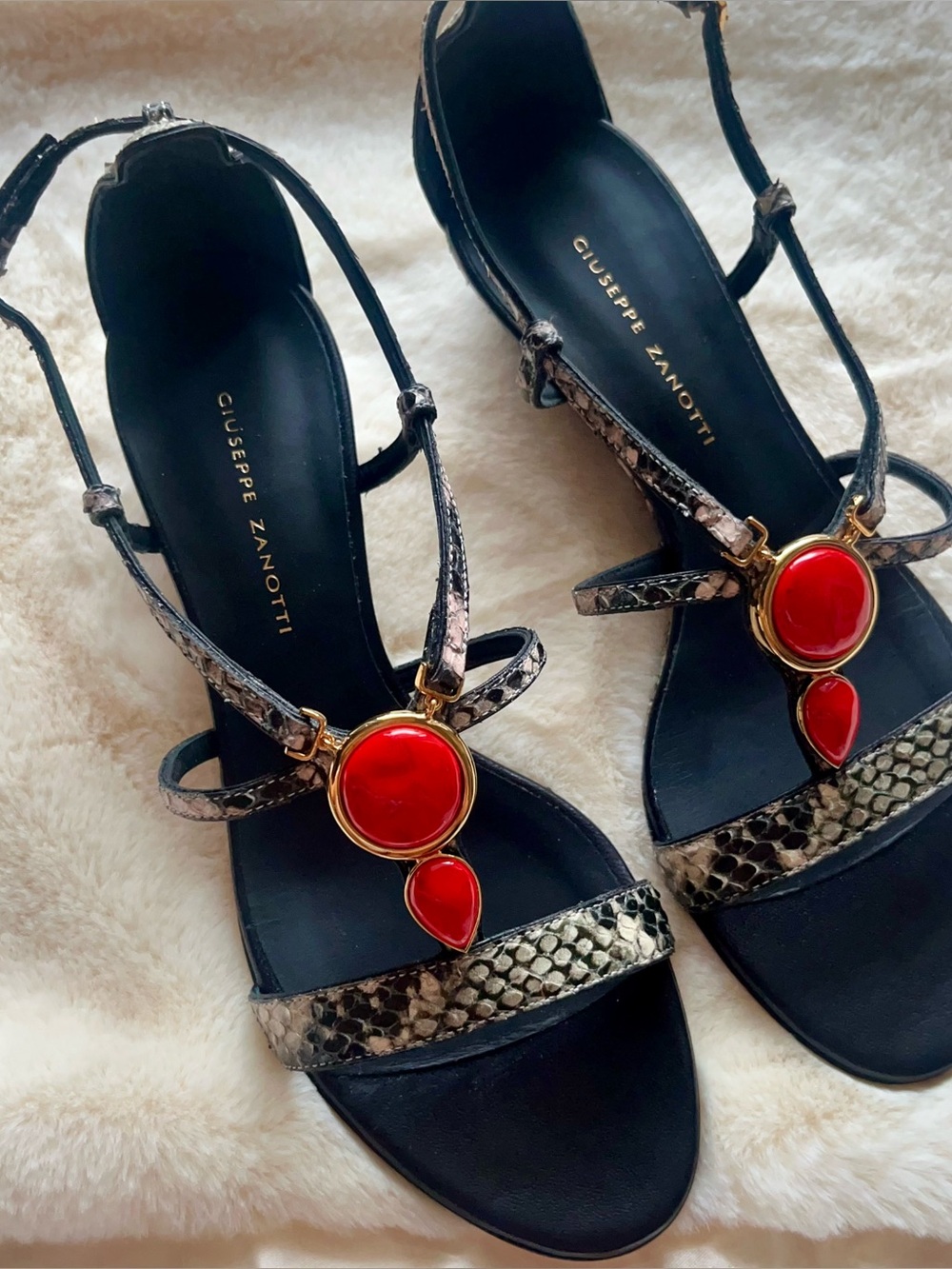 Giuseppe Zanotti Snakeskin Low Wedge Sandals with Red Stones Sz 36